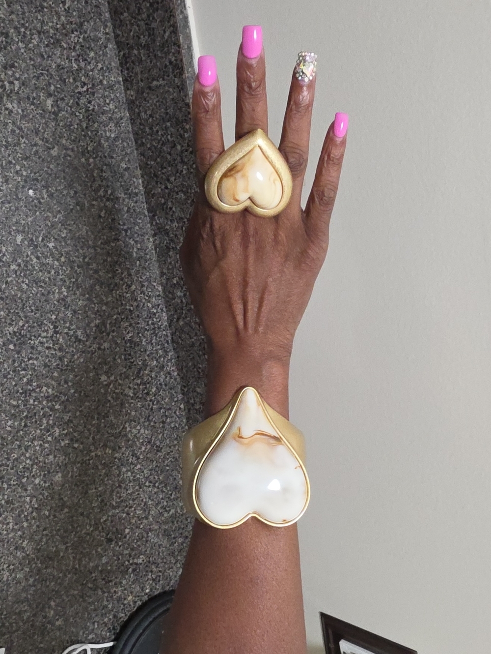 Gold Tone Heart Statement Bracelet and Ring Set - Beige/ Brown Heart Accents